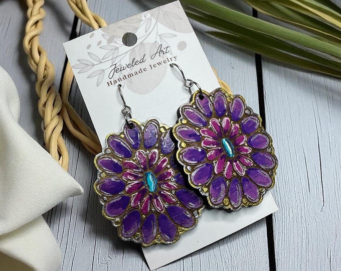 Hand-Painted Western Bloom Amethyst Wood Earrings - Desert Bloom