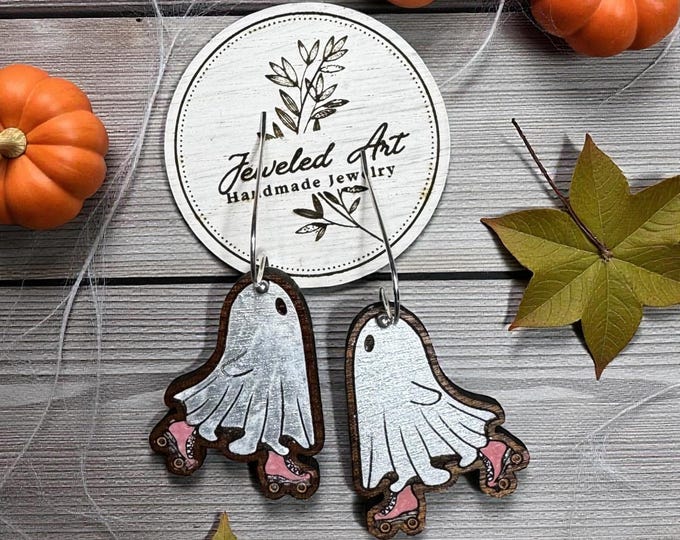 Hand-Painted Roller Skating Ghost Wood Engraved Earrings – Jeweled Art Handmade