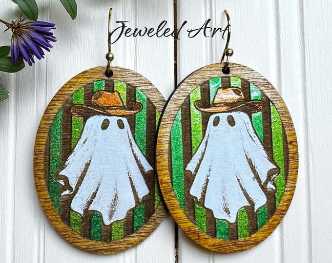Hand-Painted Ghost with Fall Hat Wood Engraved Earrings - Spooky Season