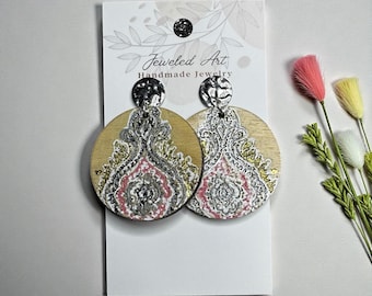 Hand-Painted Mandala Drop Wooden Earrings – Jeweled Art Handmade