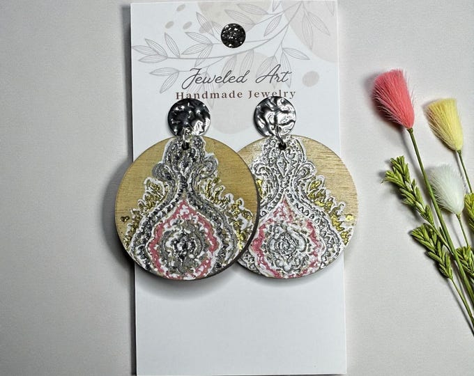 Hand-Painted Mandala Drop Wooden Earrings – Jeweled Art Handmade