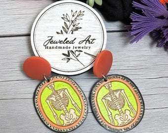 Hand-Painted Neon Skeletons Wood Engraved Earrings - Spooky Season