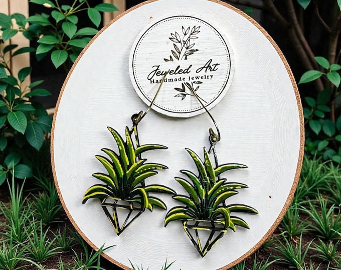 Hanging Plant Wood Earrings – Geometric Planter Botanical