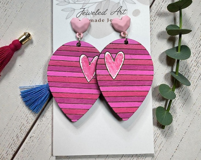 Hand-Painted Pink Heart and Stripes Teardrop Engraved Wood Earrings - Valentine's Day