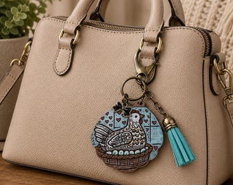 Farmhouse Chicken Purse Charm – Hand-Painted Wood Tassel Bag Accessory