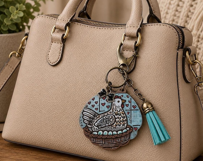 Farmhouse Chicken Purse Charm – Hand-Painted Wood Tassel Bag Accessory