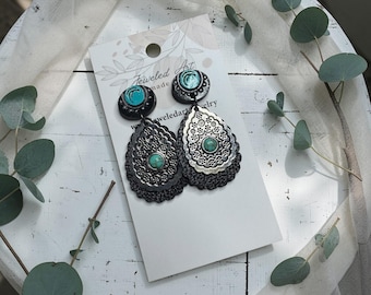 Turquoise Concho Western Earrings – Rustic Black & Silver