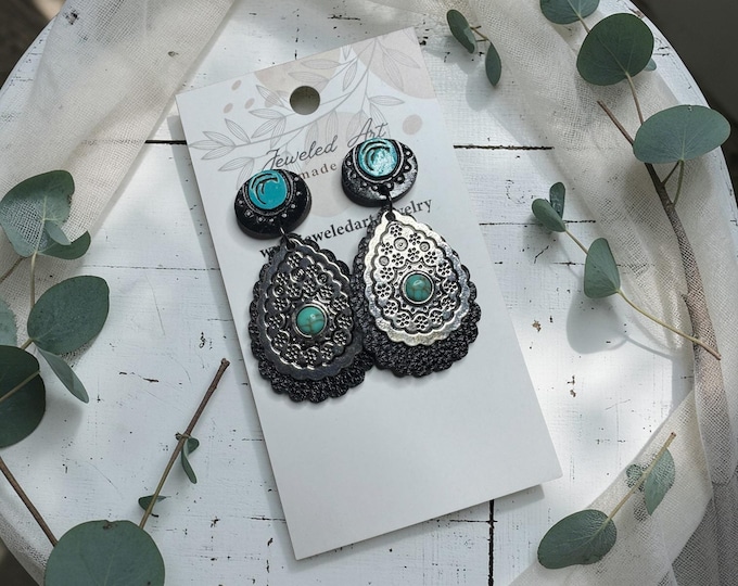 Turquoise Concho Western Earrings – Rustic Black & Silver