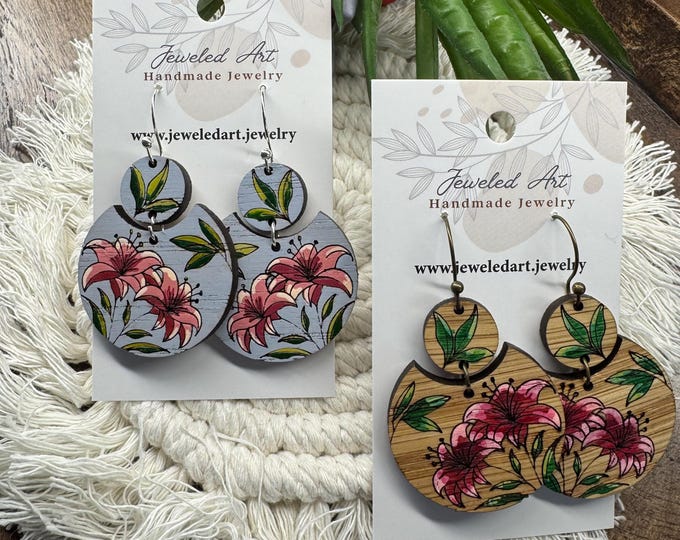 Pink Lily Floral Earrings Collection – Hand-Painted Wood Earrings – 2 styles