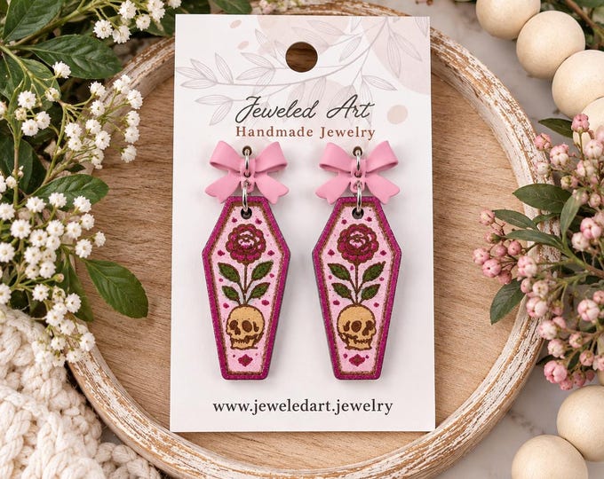 Hand-Painted Pink Gothic Skull + Rose Coffin Earrings Halloween