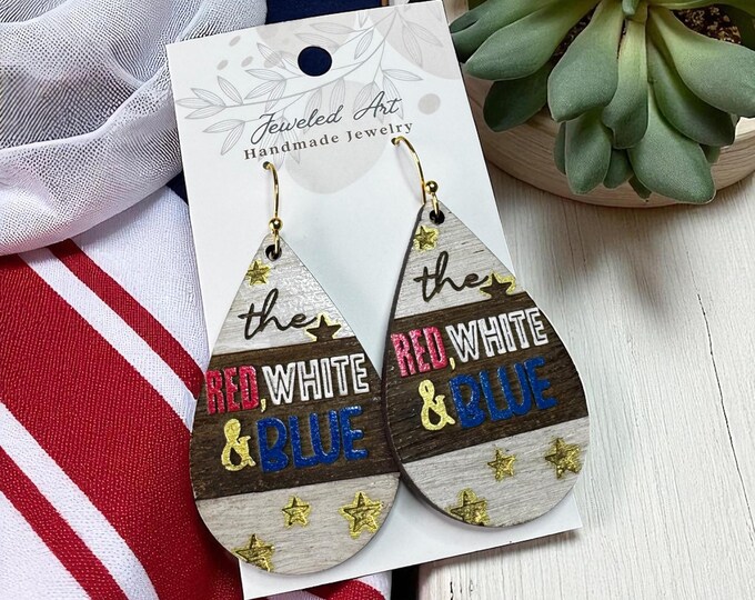 Hand-Painted Red, White, and Blue Lettering Gold Stars Wood Earrings  – Americana