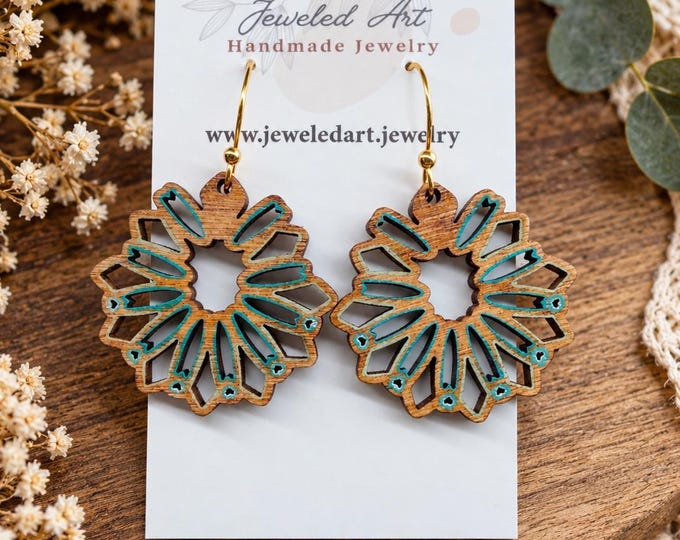 Hand-Painted Turquoise Southwestern Wood Statement Earrings