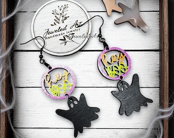 Hand-Painted Hey Boo Black Ghost Dangle Wood Earrings  - Halloween Spooky Season