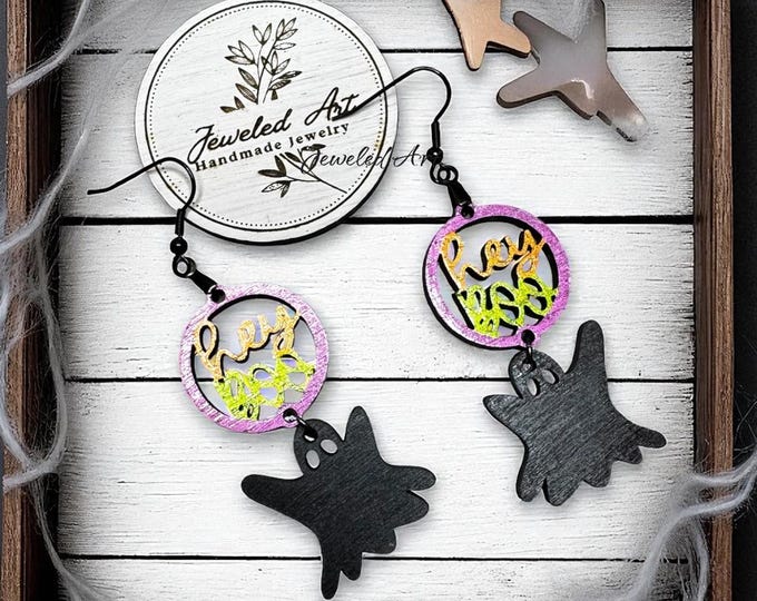 Hand-Painted Hey Boo Black Ghost Dangle Wood Earrings  - Halloween Spooky Season