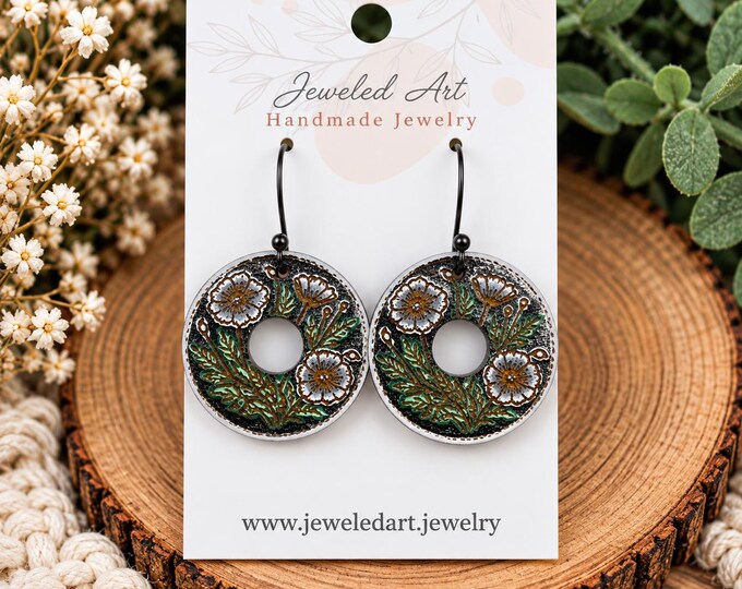 Floral Wood Earrings, Green and White Botanical Circle Dangle Earrings
