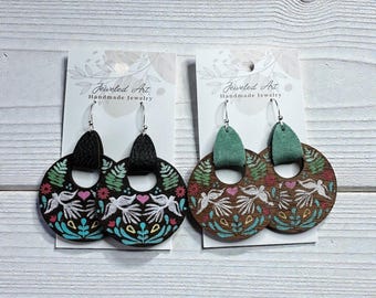 Hand-Painted Folk Birds Wood Engraved Circle Earrings with Leather Topper