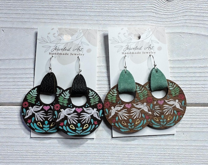 Hand-Painted Folk Birds Wood Engraved Circle Earrings with Leather Topper