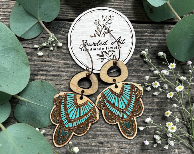 Turquoise Western Wood Statement Earrings - Southwestern Style