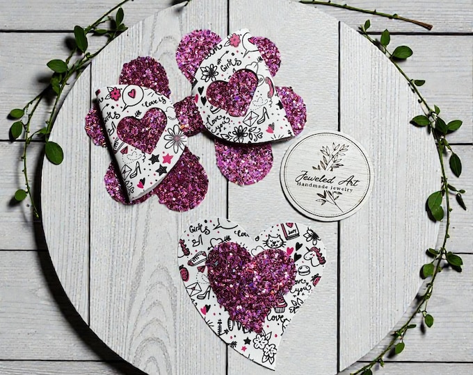 Hand-Crafted Valentine's Graffiti Faux Leather Hair Bow + Hair Clip Duo