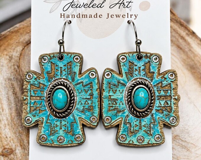 Hand-Painted Turquoise Trail Cross Wood Earrings