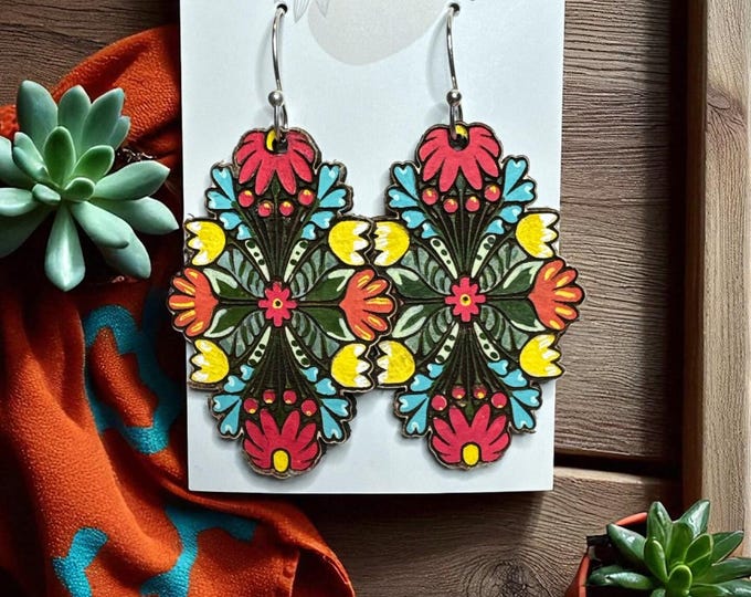 Hand-Painted Folk Garden Leather Earrings