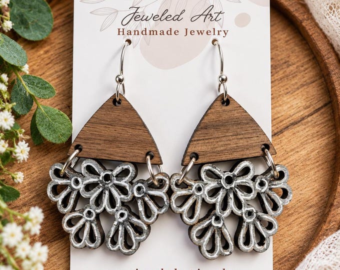Hand-Painted Silver Blossom Wood Earrings