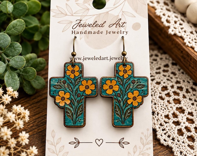 Hand-Painted Engraved Floral Cross Earrings