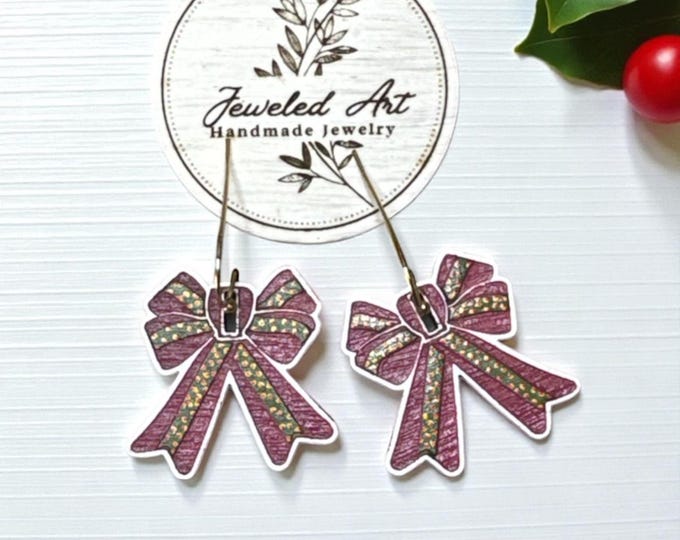 Hand-Painted Holiday Bow Engraved Wood Earrings