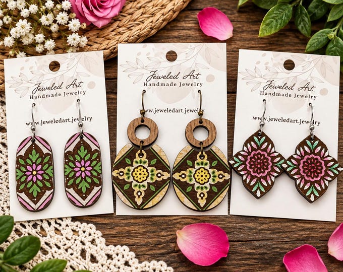Hand-Painted Floral Folk Mandala Wood Engraved Earrings - 3 Styles