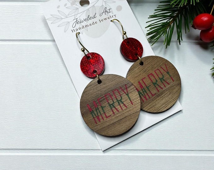 Hand-Painted Merry Merry Christmas Red Glitter Engraved Wood Earrings