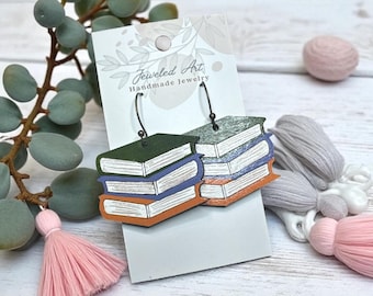 Hand-Painted Stacked Books Wood Earrings