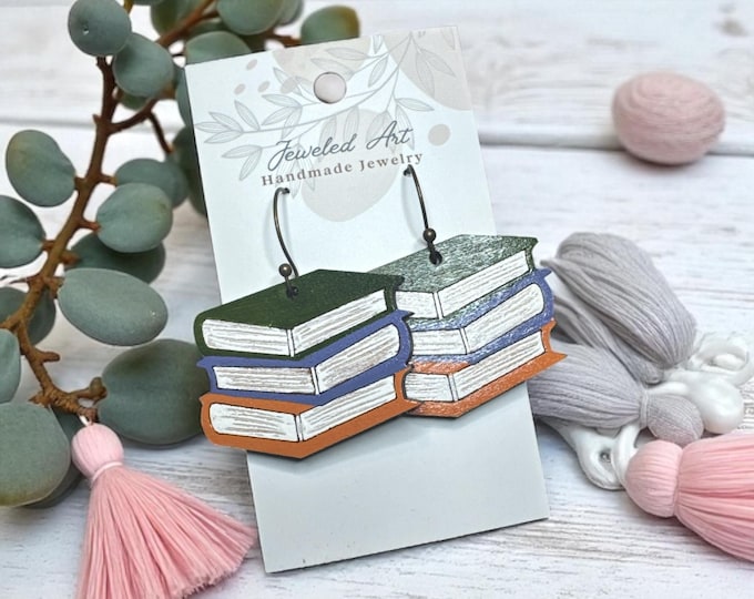 Hand-Painted Stacked Books Wood Earrings