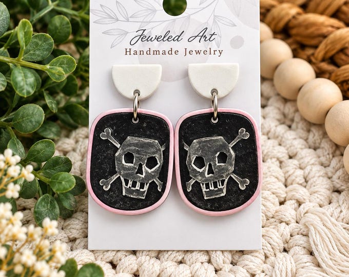 Skull & Crossbones Earrings – Pink and Black Skull Earrings – Jeweled Art Handmade