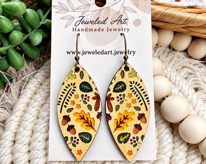 Hand-Painted Autumn Foliage Engraved Wood Earrings - Fall - 2 styles