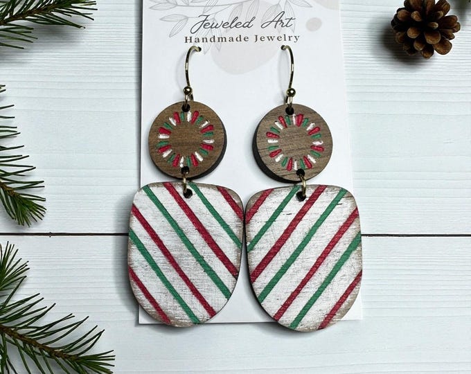 Hand-Painted Peppermint Candy Stripe Engraved Wood Earrings - Christmas