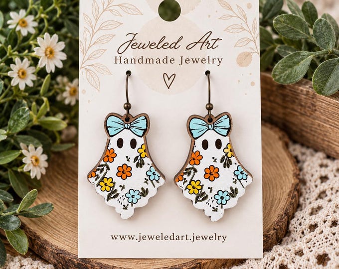 Hand-Painted Floral Ghost Wood Earrings – Colorful Halloween Earrings