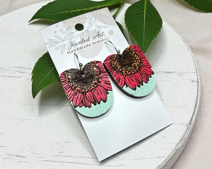 Hand-Painted Magenta Sunflower Wood Earrings
