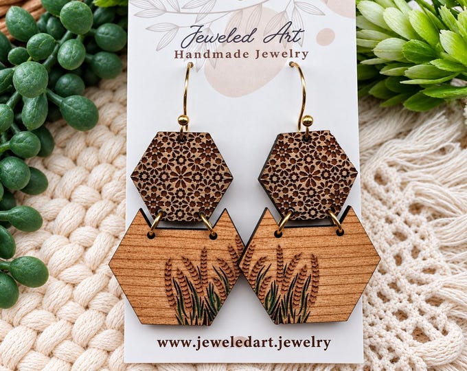 Boho Wildflower Geometrical Wood Engraved Earrings