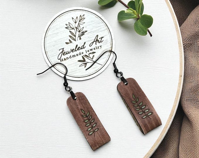 Hand-Painted Botanical Curve Leather Loop Earrings – Nature