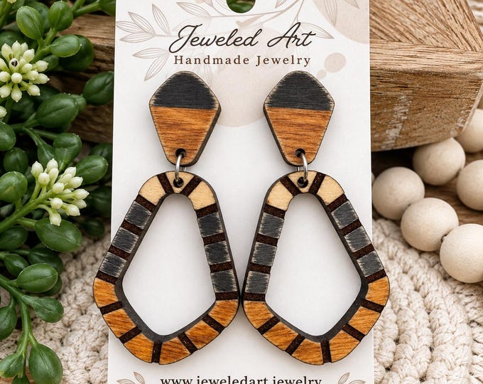 Hand-Painted Striped Geometric Wooden Earrings – Jeweled Art Handmade