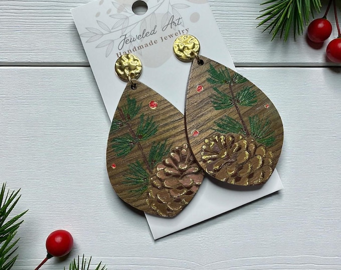 Hand-Painted Woodland Pinecone Teardrop Earrings