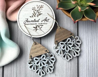 Hand-Painted Silver Blossom Wood Earrings