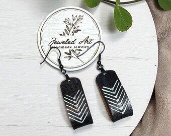 Hand-Painted Black Chevron Leather Loop Earrings - Modern