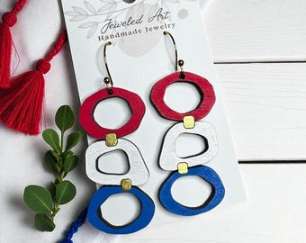 Hand-Painted Patriotic Geometric Wooden Earrings - Americana