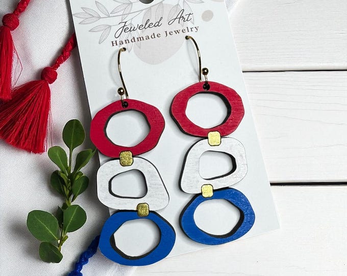 Hand-Painted Patriotic Geometric Wooden Earrings - Americana
