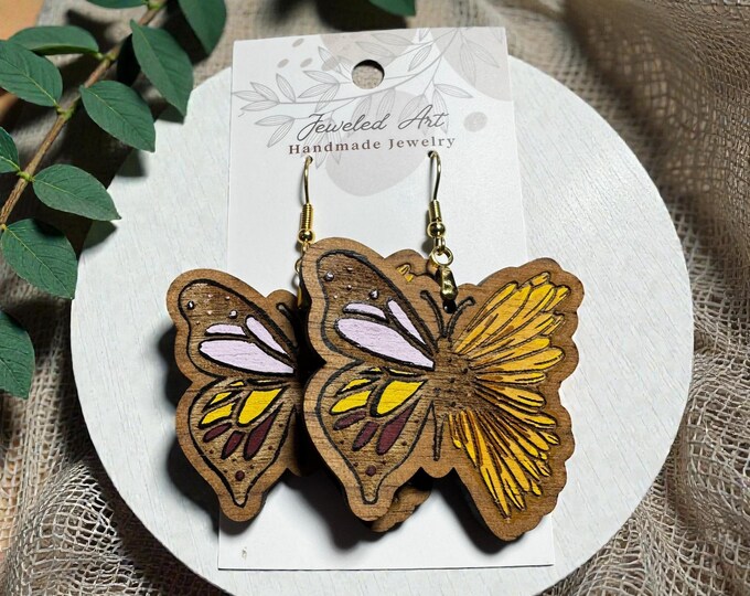 Hand-Painted Butterfly Flower Engraved Wood Earrings