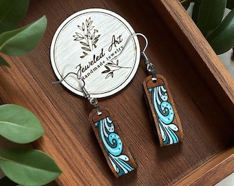 Hand-Painted Turquoise Swirl Leather Loop Earrings