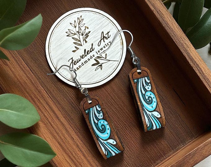 Hand-Painted Turquoise Swirl Leather Loop Earrings