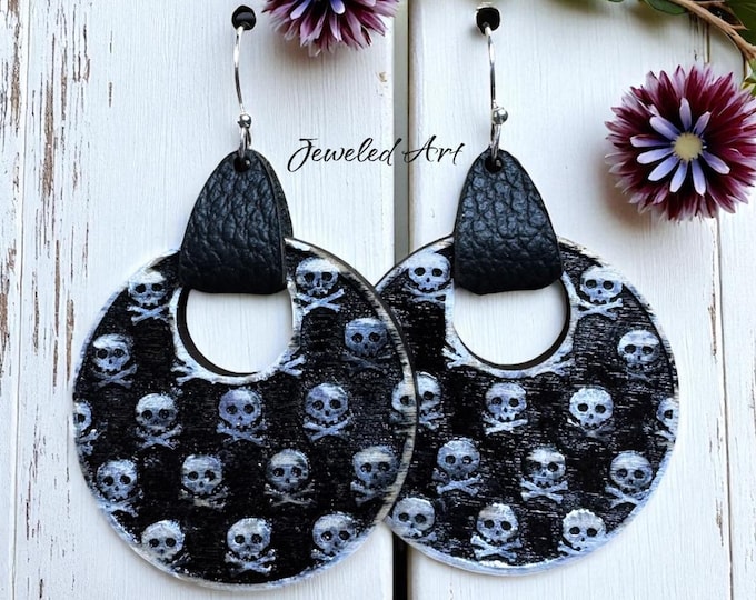 Hand-Painted Black Skull Hoop Wood Engraved Earrings - Spooky Season