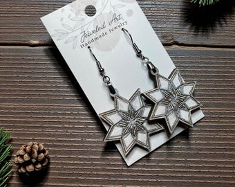 Hand-Painted Snowflake Star Engraved Wood Earrings